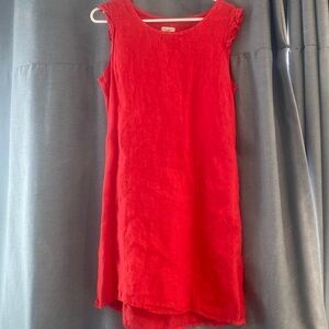 Women's 100% Linen Dress with cotton side  panels Red/ - Size 8 ruffle sleeve